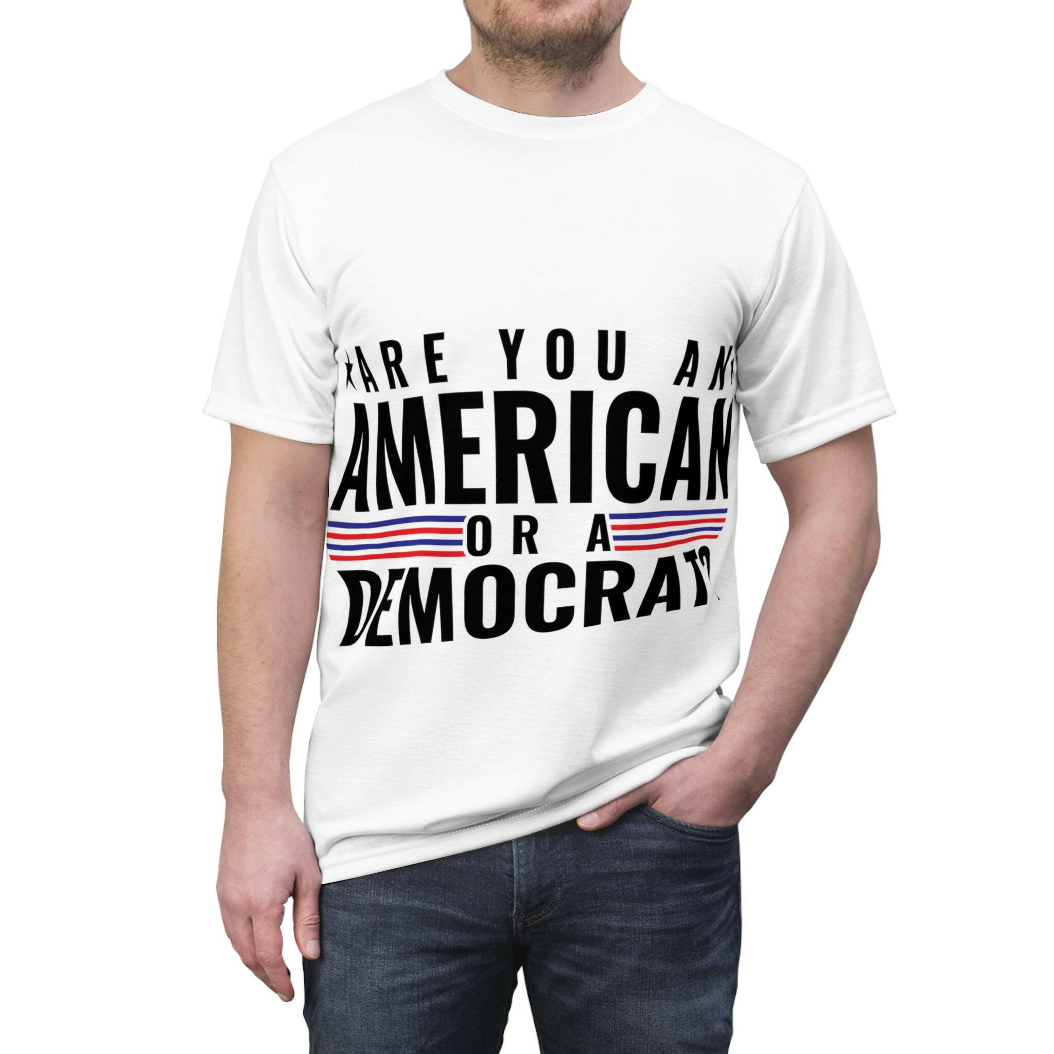 Are you An American or are you a democrat Unisex Cut & Sew Tee (AOP)